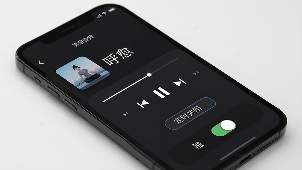 一张展示“呼愈”应用冥想音频播放界面的图片,画面中手机屏幕显示音频播放控制条、定时关闭选项和后台播放开关,界面配色以深色模式为主,文字清晰,图标简洁,布局干净,画质清晰,无多余元素