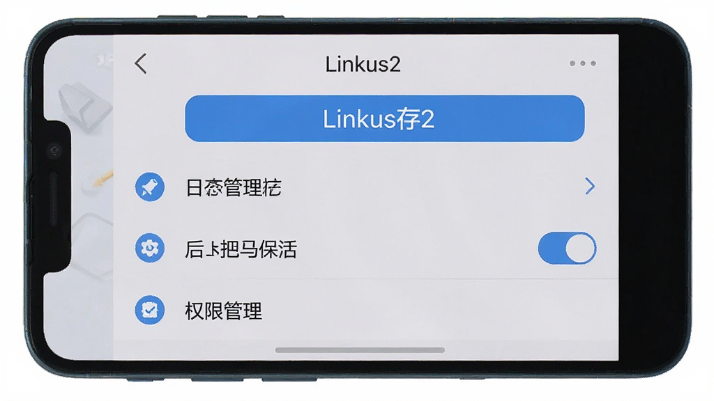 一张Linkus2设置界面的手机截图风格图片,画面展示手机屏幕上的设置菜单,包含清理缓存按钮、日志管理入口、后台保活开关、权限管理选项,界面配色为浅灰背景配蓝色图标,布局规整,风格简洁实用,文字标注Linkus2,画质清晰,无多余元素