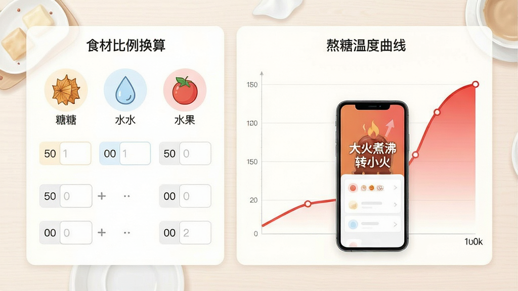 糖葫芦软件功能展示插画,画面左侧显示食材比例换算界面,有糖、水、水果的图标和数字输入框,右侧显示熬糖温度曲线图,曲线从低到高用渐变红色标注,中间有手机屏幕展示步骤提示“大火煮沸转小火”,背景是干净的浅色桌面,风格简洁现代,画质干净,文字清晰无多余元素