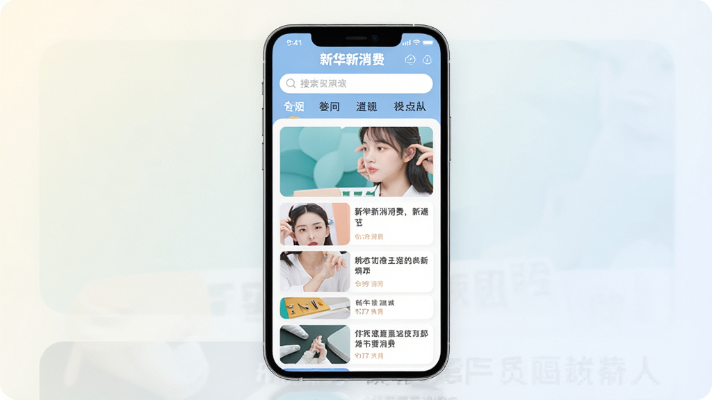 һ���ֻ�Ӧ�ý���չʾͼ������������һ�������ֻ�����Ļ����ʾ���»������ѡ�App����ҳ������������������Ŀ�������м���ͼ����Ѷ��Ƭ�б������岼����ˬ��࣬����Ϊǳɫ���䣬����ִ���ƽ��ϸ��Բ�󣬻��ʸɾ��������޶���Ԫ��