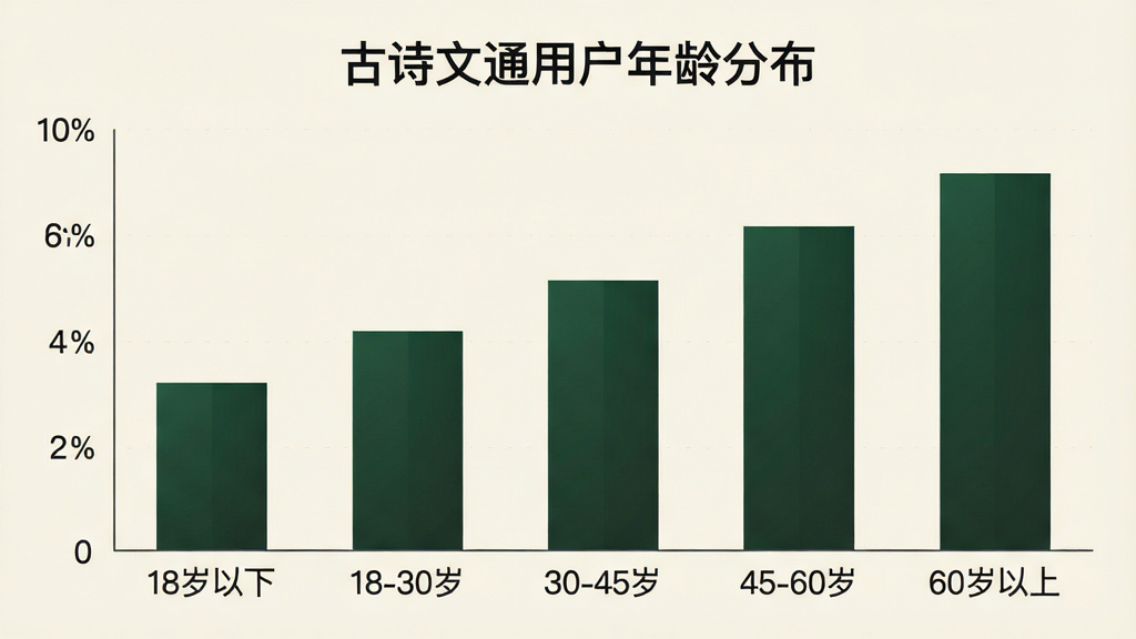 古诗文通用户年龄分布柱状图,横轴为年龄段「18岁以下」「18-30岁」「30-45岁」「45-60岁」「60岁以上」,纵轴为人数占比,柱体为墨绿色渐变,背景米白,图表标题为「古诗文通用户年龄分布」,布局简洁,风格现代扁平,文字清晰,画质干净无多余元素