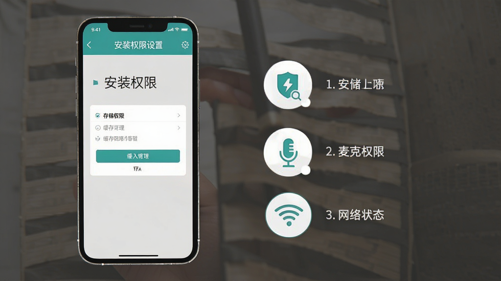 古诗文通新手操作指引场景,手机屏幕展示安装权限设置与缓存管理界面,旁边以简洁图标示意存储权限、麦克风权限与网络状态,界面配色为浅灰与青绿,布局分步骤排列,风格扁平清晰,细节规整,画质干净无多余元素