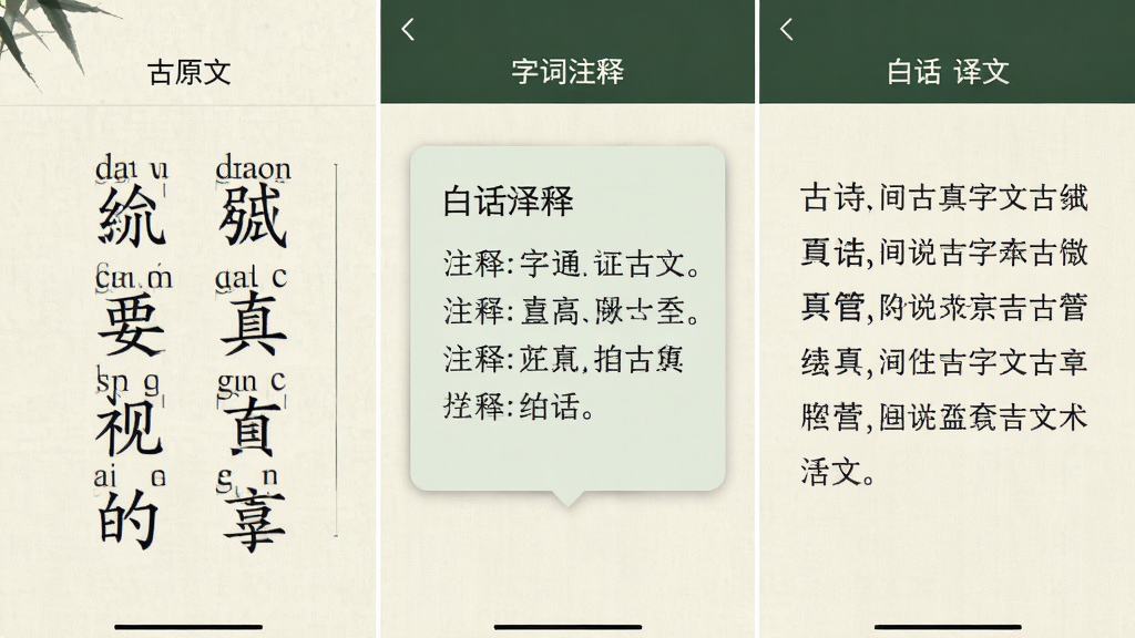 古诗文通功能界面展示,手机屏幕分三栏对照显示古诗原文、字词注释与白话译文,原文区字体较大带拼音标注,注释区以浅色卡片悬浮,译文区排版疏朗,界面以米白与墨绿为主色调,风格清雅书卷气,布局规整,画质干净无多余元素