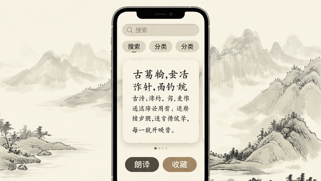 古诗文通软件全貌展示,手机屏幕居中显示古朴典雅的古诗词阅读界面,上方为搜索栏与分类标签,中部展示一首带注释与译文的古诗卡片,下方为朗读与收藏按钮,整体布局清晰,背景为淡雅的水墨山水纹理,风格简约中式,细节圆润,画质干净无多余元素