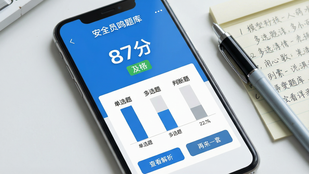 一张手机屏幕特写图,屏幕中央显示“安全员鸣题库”的模拟考试结果页面,上方是大字号的分数“87分”和“及格”标签,下方是题型得分柱状图,包括“单选题”“多选题”“判断题”三个维度,页面底部有“查看解析”和“再来一套”两个按钮,手机旁边放着一支笔和一张写满笔记的便签纸,整体色调为蓝白配浅灰,风格干净利落,画质清晰无杂乱元素