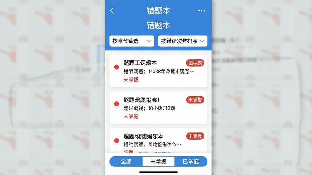 一张手机应用界面截图风格示意图,画面展示“安全员鸣题库”的错题本页面,顶部标题写着“错题本”,下方有“按章节筛选”和“按错误次数排序”两个下拉菜单,中间是错题卡片列表,每张卡片显示题目摘要和错误次数标签,卡片左侧有红色圆点标记未掌握状态,底部为“全部”“未掌握”“已掌握”三个切换标签,整体布局清晰,配色为白底蓝字配红色点缀,风格现代扁平,画质干净无多余装饰