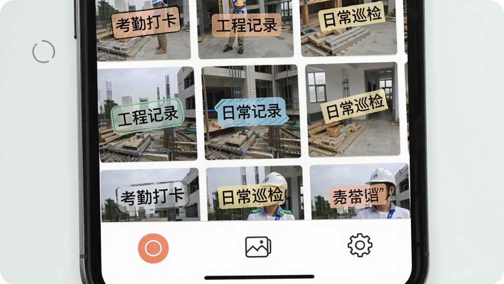 ������ˮӡ���Ӧ�ý���չʾͼ��������һ���ֻ���Ļ��д����Ļ����ʾ����б���ÿ����Ƭ����ͼ�϶����в�ͬ��ʽ��ˮӡ��ǩ���С����ڴ򿨡������̼�¼�����ճ�Ѳ�족������������ײ������㡢��ᡢ��������ѡ����������࣬��ɫ��ͣ������������޶���Ԫ��