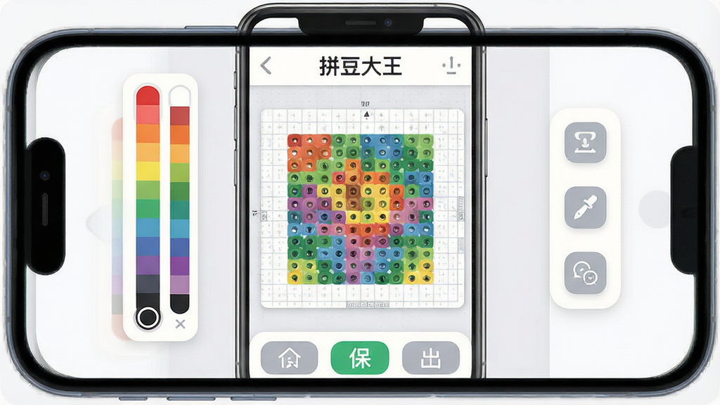 一张展示拼豆大王软件整体界面的图片,画面主体是一部手机屏幕,屏幕中显示拼豆大王的主编辑界面,中间是网格画板和彩色拼豆图案,顶部有“拼豆大王”文字标识,左侧为颜色选择条,右侧为工具按钮,底部为模板、保存、导出三个选项,布局清晰居中,排版为手机正面展示,风格现代扁平化,细节圆润干净,画质高清,背景简洁无多余元素