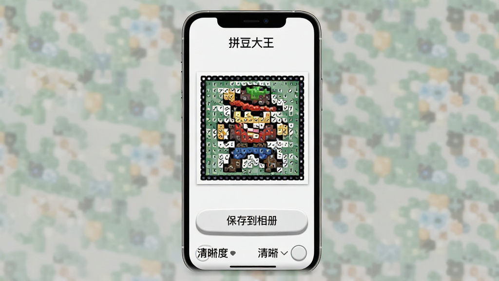 一张展示拼豆大王导出功能的图片,画面主体是手机屏幕,屏幕中显示拼豆大王导出界面,中间是一幅完成的拼豆图纸预览,下方有“保存到相册”按钮和清晰度选项,顶部有“拼豆大王”文字标识,排版为上下结构,风格简洁实用,细节按钮有轻微立体感,画质高清干净,背景无杂乱元素