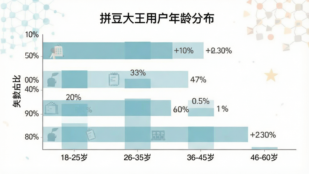 一张展示拼豆大王用户年龄分布的柱状图,画面主体是横向柱状图,图表标题为“拼豆大王用户年龄分布”,横轴为年龄段18-25岁、26-35岁、36-45岁、46-60岁,纵轴为人数占比,柱体颜色为柔和的蓝绿色系,每个柱体上方标注百分比数字,排版居中简洁,风格数据可视化扁平风,细节数字清晰,画质干净无多余元素