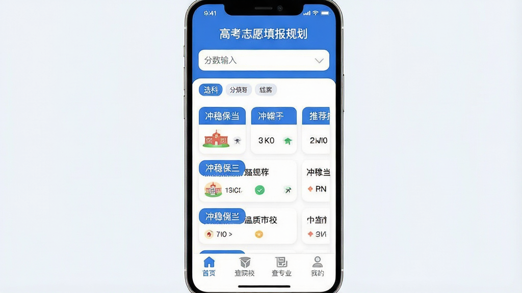 һ���ֻ�Ӧ�ý���չʾͼ�����������ǡ��߿�־Ը��滮��App����ҳ��������ʾ����������ѡ�Ʊ�ǩ���м��ǳ��ȱ�����ԺУ�Ƽ���Ƭ�б����ײ�����������ҳ����ԺУ����רҵ���ҵ��ĸ�ͼ�꣬���岼��������������ɫ������ִ���ƽ��ϸ��Բ�󣬻��ʸɾ��޶���Ԫ��