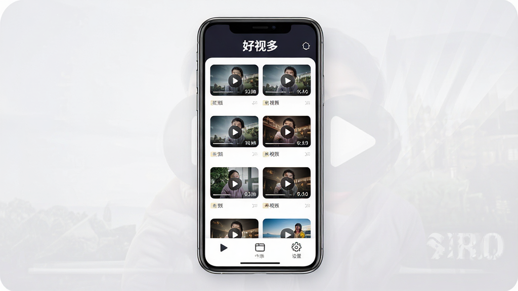 ���Ӷ�App������ȫòչʾ���ֻ���Ļ���аڷţ����涥��Ϊ��ɫ���������ɫ�����ӶࡱLogo���в�Ϊ��Ƶ�ļ��б���Ƭʽ���֣�����ͼ�������У��ײ�Ϊ���š��ļ��������������ͼ�꣬����Ϊǳ�ҽ��䣬����ִ���ƽ��ϸ��Բ�󣬻��ʸɾ��������޶���Ԫ��