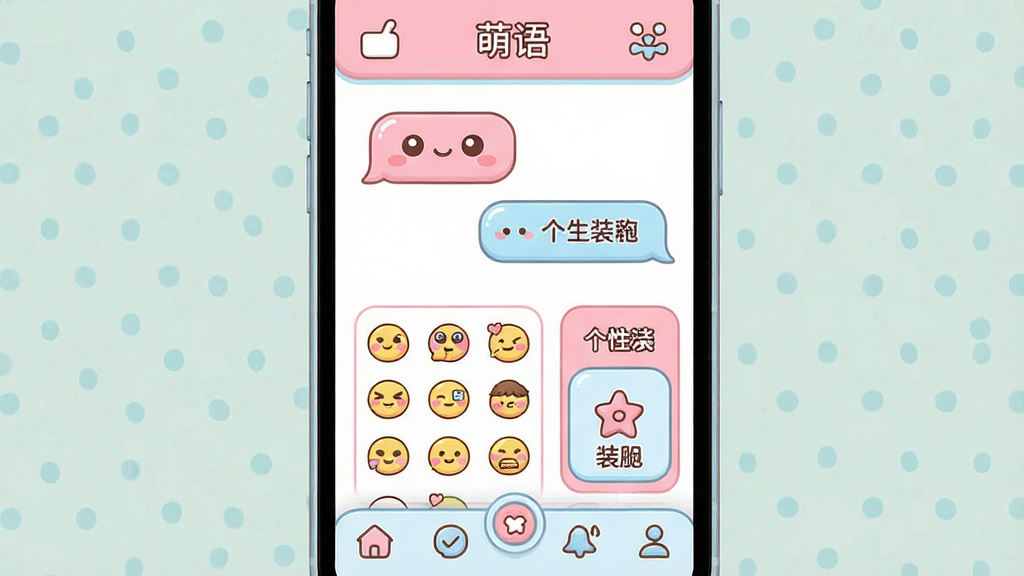 一张展示手机屏幕的图片,屏幕中央是名为“萌语”的应用界面,界面包含可爱的聊天气泡、表情包素材库和个性化装扮选项,布局清晰分为顶部功能栏和底部导航栏,风格清新卡通,色彩以粉色和浅蓝为主,细节圆润,画质干净,无多余元素