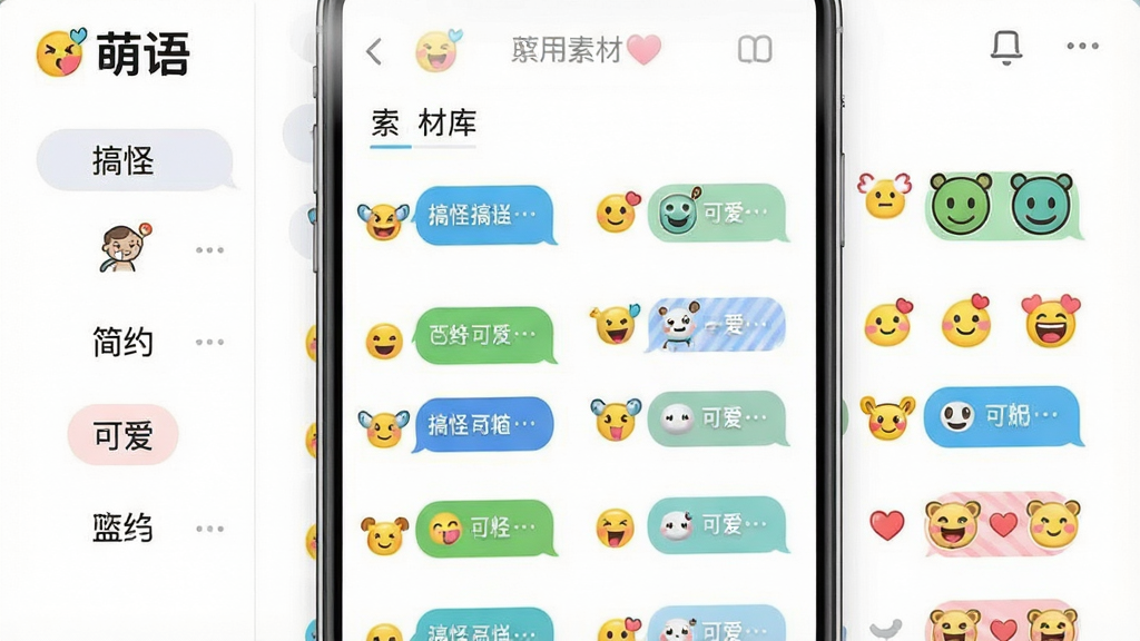 一张展示“萌语”应用素材库界面的图片,屏幕中呈现网格状排列的聊天气泡和表情包模板,分类标签清晰可见,包含“搞怪”“简约”“可爱”等选项,风格活泼明快,画质清晰干净