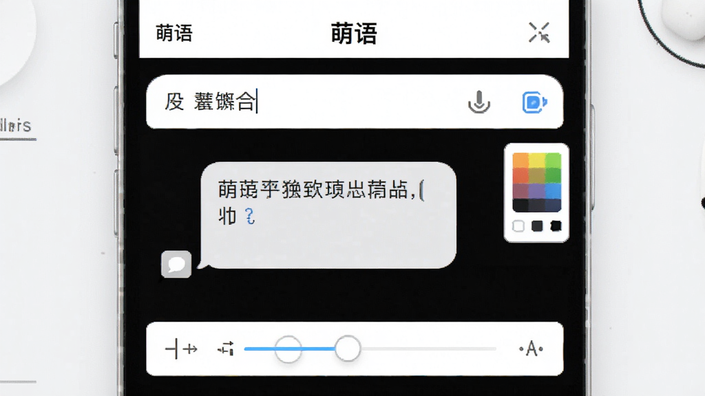 一张展示“萌语”应用编辑界面的图片,屏幕中显示一个聊天气泡正在被编辑,周围有文字输入框、调色盘和大小调节滑块等工具图标,界面布局直观,风格简洁现代,画质干净无多余元素