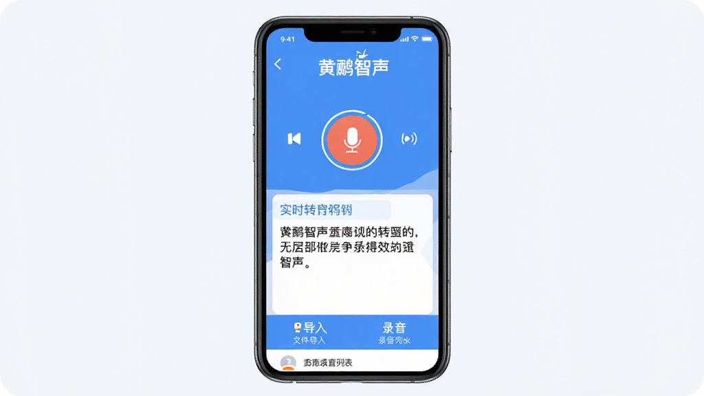 �������app������ȫòչʾ�������������ֻ���Ļ����Ļ����ʾ¼��ת���ֵĲ������棬�����С�������������ֱ�ʶ���м�����Ŀ��¼����ť��ʵʱתд���ֿ򣬵ײ�Ϊ�ļ������¼���б���ڣ����岼�ּ������������ִ���ƽ����������ɫΪ�������ʸɾ��������޶���װ��Ԫ��