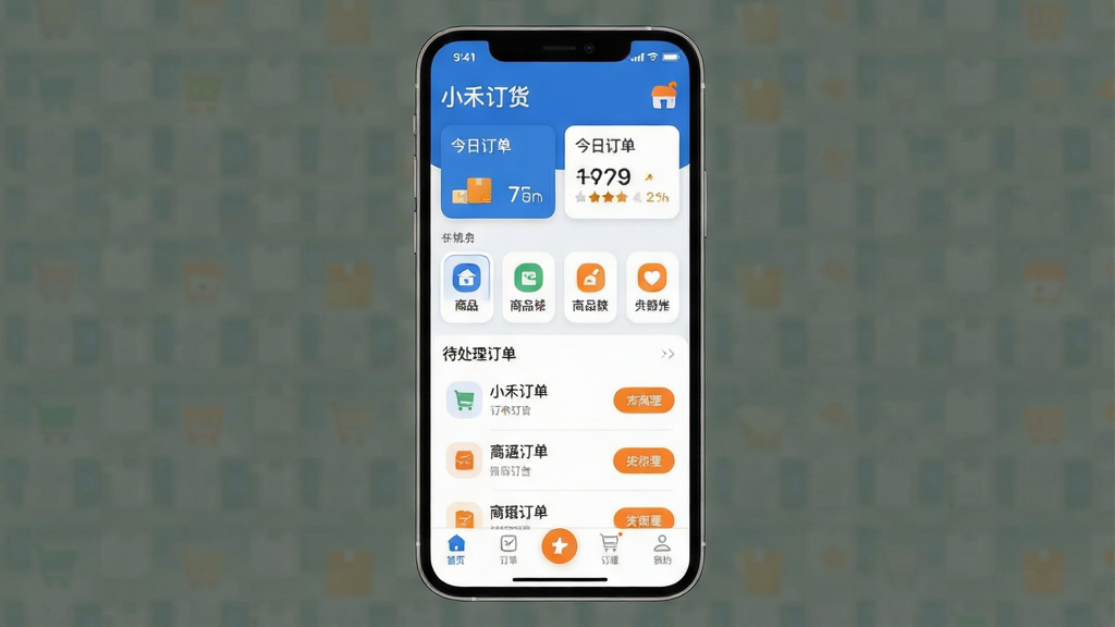 һ��չʾС�̶���ƽ̨�ֻ�App�������Ч��ͼ����������Ϊһ�������ֻ�����Ļ����ʾ����������̨��ҳ�������е������ƺͽ��ն���ͳ�ƿ�Ƭ���в�������Ʒ����ͼ��ʹ����������б����ײ�Ϊ�����������岼������������ȷ������ִ���ƽ������ɫ������Ϊ����׺��ɫ��ť��ϸ��Բ��ͼ���࣬���ʸɾ������޶���Ԫ��