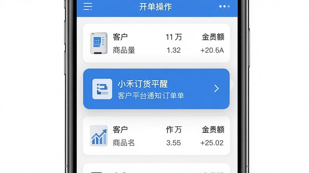 С�̶���ƽ̨����֪ͨ�뿪������Ч��ͼ������չʾ�ֻ���Ļ�����¶������Ѻ��������Ϊ�����б�ҳ�棬�б�����ʾ�ͻ�������Ʒ�����ͽ��������������ɫ����Ƭʽ���ֲ�η�����������Ч�����ʸɾ�����������Ԫ��