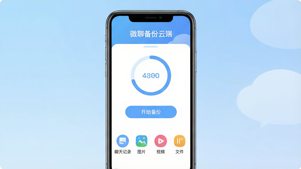 微聊备份云端软件主界面全貌展示,画面中央是手机屏幕,屏幕内显示软件首页,顶部是“微聊备份云端”文字标识,中间是备份进度环形图和“开始备份”按钮,下方排列着聊天记录、图片、视频、文件四个备份选项图标,背景为浅蓝色渐变,风格简洁现代扁平化,细节圆润,画质干净清晰,无多余元素