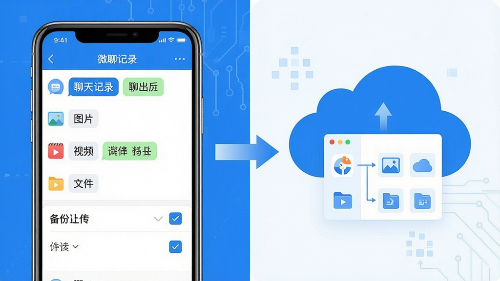 微聊备份云端功能展示图,画面左侧是手机屏幕显示聊天记录列表和备份勾选框,右侧是云端存储空间示意图,中间用箭头连接表示数据上传,屏幕内文字标注“聊天记录”“图片”“视频”“文件”分类标签,整体风格为扁平化科技感,蓝白配色,画质干净清晰,无多余元素