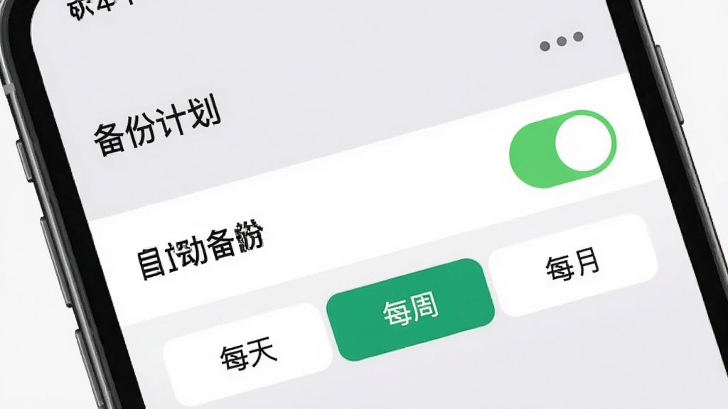 微聊备份云端定时备份设置界面图,手机屏幕显示“自动备份”开关处于开启状态,下方有“每天”“每周”“每月”三个时间选项按钮,其中一个被选中高亮,屏幕上方有“备份计划”标题文字,背景为浅灰色,风格简约清爽,画质干净清晰,无多余元素