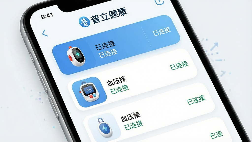 һ��չʾ��������App�豸���ӽ����ͼƬ������������һ���ֻ�����Ļ��ʾ���������б����Ϸ��С��������������ֱ�ʶ���б�����Ѫ���ǡ�Ѫѹ�Ƶ��豸ͼ�꣬�Ա���ʾ�������ӡ�״̬�����ּ�����������Ϊ��ˬ�ĿƼ�������ɫ��ϸ�ڴ���Բ�ǿ�Ƭ��ƣ����ʸɾ���������Ԫ��