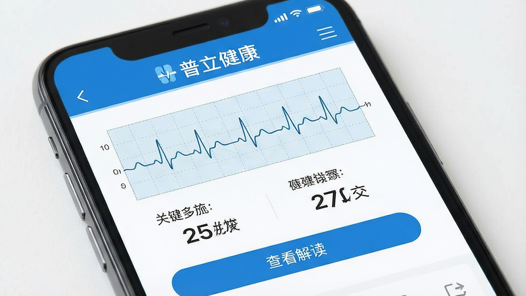 һ��չʾ��������App��������ҳ���ͼƬ���ֻ���Ļ��ʾһ���ĵ籨�棬�Ϸ��С��������������֣��������в���ͼ�͹ؼ�ָ����ֵ���·��С��鿴�������ť������Ϊ���½ṹ�����Ϊרҵ��ҽ�Ʊ�����棬��ɫ�԰�ɫ��������ɫǿ��ɫΪ����ϸ�����������ʸɾ����޶���װ��