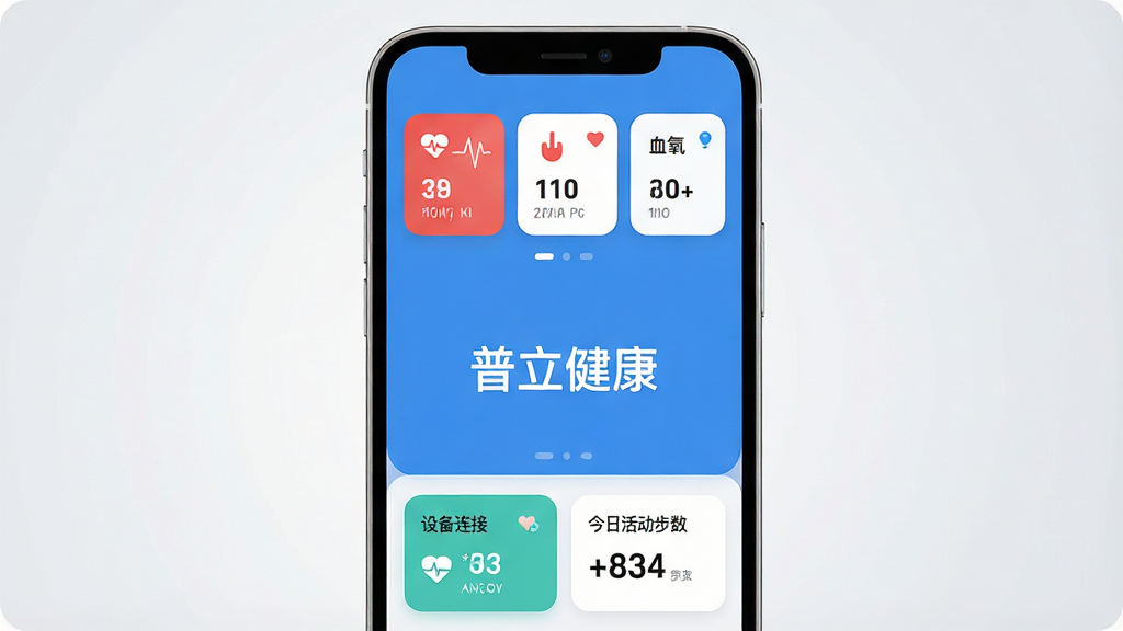һ��չʾ��������App���Ľ�����ֻ���ͼ���ͼƬ��������һ�����ŵ������ֻ�����Ļ��ʾ��������ɫ�������ݿ��壬�м��С������������������Ϸ������ʡ�Ѫѹ��Ѫ�������ݿ�Ƭ���·����豸����״̬�ͽ��ջ���������ֲ������·ֲ�ṹ������ִ���ƽ����ϸ��Բ�󣬱���Ϊ�ɾ���ǳ��ɫ���䣬�����������޶���Ԫ��