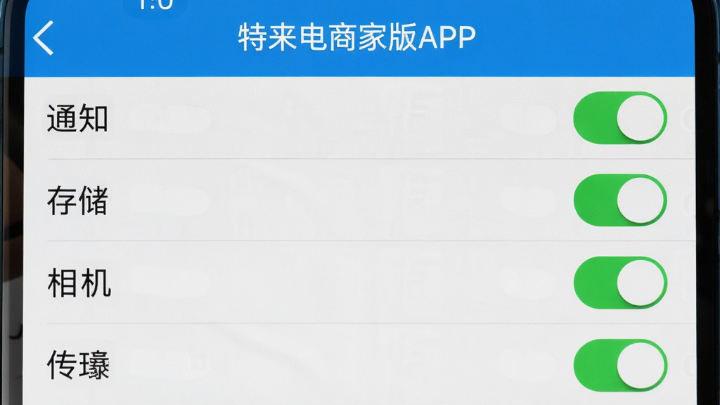 �ֻ����ý����ͼ���չʾ���������̼Ұ�APP����Ȩ�޹���ҳ�棬�б���֪ͨ���洢�������Ȩ�޿��ش��ڿ���״̬��������������ע��࣬�����ʵ�����ʸɾ�