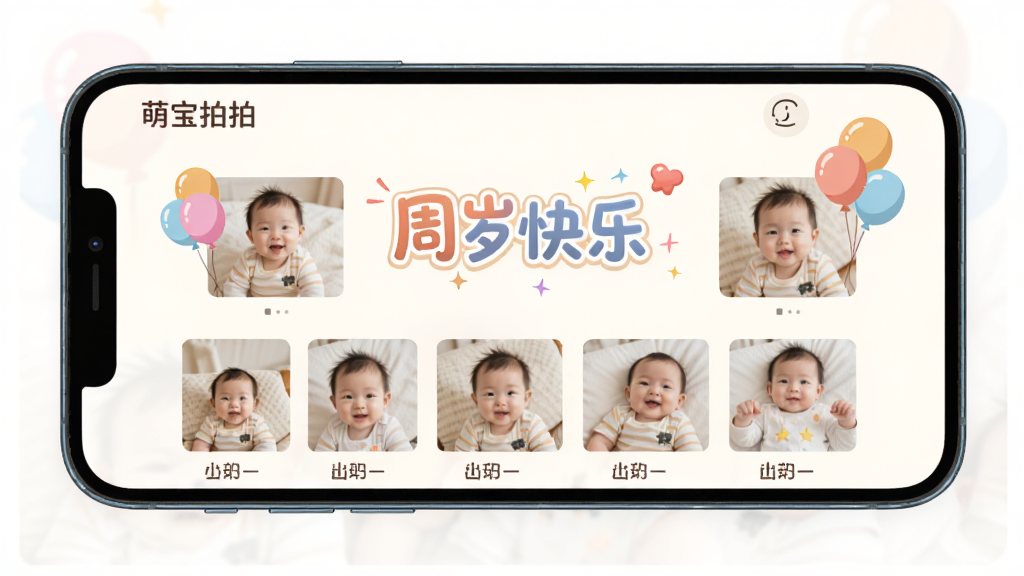 �ֻ���Ļ��ʾ���ȱ����ġ�APP�Զ����ɵı�������ɳ����ҳ�棬ҳ�����ж��ű�����Ƭ��ʱ��˳�����У����С�������֡������ֺͿ�ͨ����װ�Σ�����������ůɫ�����Ű����룬���ʸɾ����޶���Ԫ��