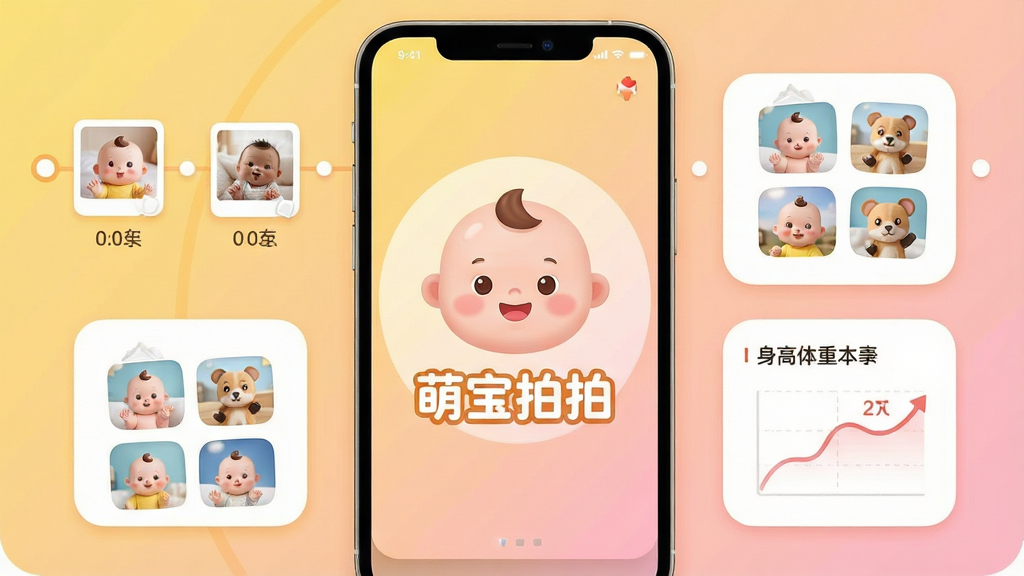 һ���ֻ���Ļչʾ�����ɳ���¼APP���棬������������Բ��ɰ���Ӥ��ͷ��͡��ȱ����ġ����ֱ�ʶ����Χ��������Ƭʱ���ᡢ���ƴͼ�������������ߵȿ�Ƭʽ����ģ�飬������ů��ɫ�뵭��ɫ���䣬�����ܰ��ͨ��ϸ�ڸɾ�Բ�󣬻��������������޶���Ԫ��