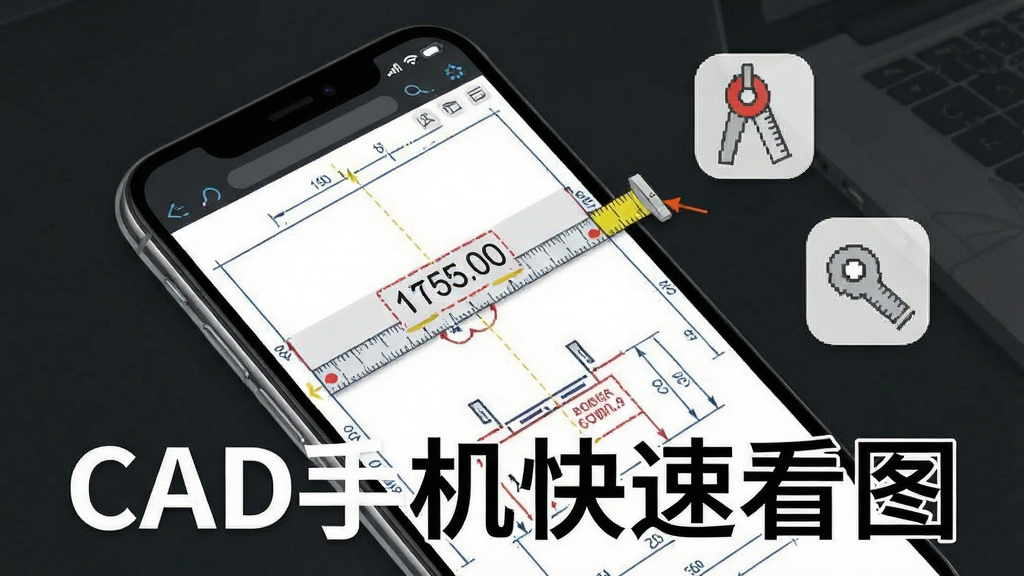 一张展示CAD手机快速看图软件测量功能的图片,主体是手机屏幕上显示CAD图纸并用测量工具标注了一段距离,布局上手机倾斜放置,旁边有虚拟的测量工具图标,风格是简洁的办公工具展示风格,细节上测量数值清晰显示在图纸上,线条颜色分明,画质干净无多余元素,图片中打文字“CAD手机快速看图”。