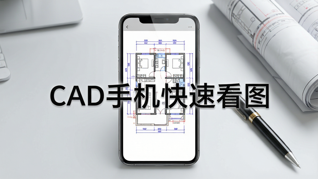 一张展示CAD手机快速看图软件核心界面的图片,主体是一部智能手机屏幕,屏幕上显示着一张清晰的建筑CAD平面图纸,图纸线条分明,有蓝色和红色的标注线,布局上手机居中放置,背景是干净的浅灰色工作台面,旁边放着一支笔和一张卷起的图纸,风格是写实的产品展示风格,细节上手机屏幕有轻微反光,图纸内容清晰可辨,画质干净无多余元素,图片中打文字“CAD手机快速看图”。