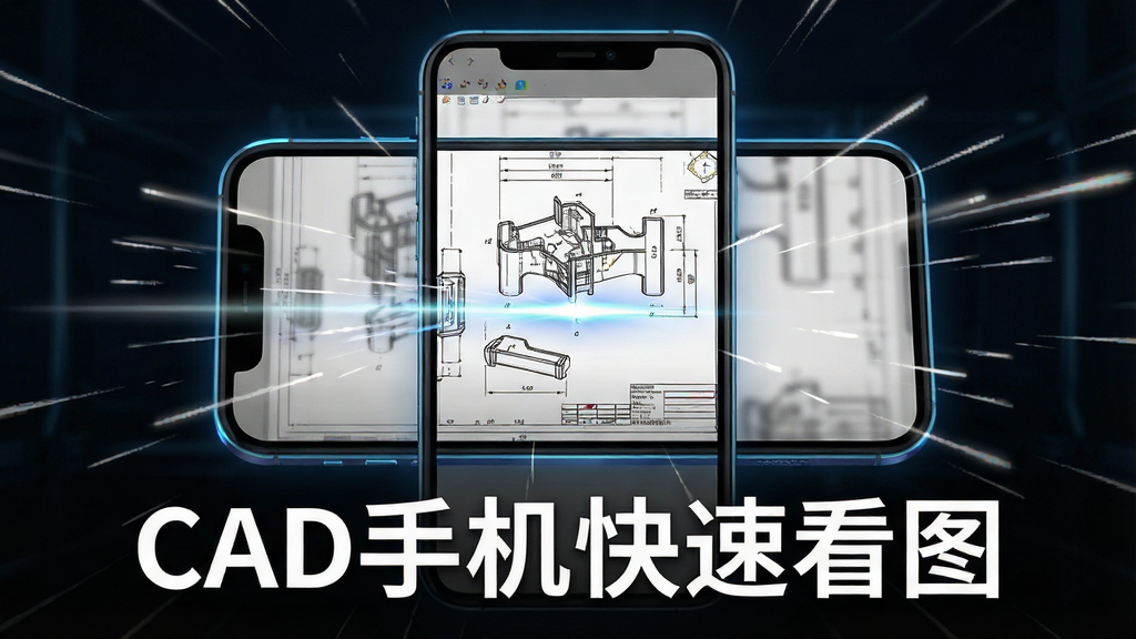 一张展示CAD手机快速看图软件加载速度的图片,主体是手机屏幕上一张复杂的CAD图纸瞬间加载完成的画面,布局上手机屏幕占据画面中心,周围有速度线特效表示加载快,风格是科技感十足的产品功能展示风格,细节上图纸线条清晰锐利,手机边缘有光效点缀,画质干净无多余元素,图片中打文字“CAD手机快速看图”。