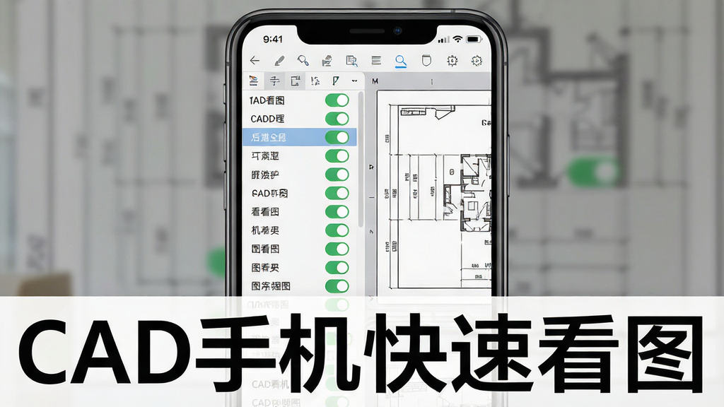 一张展示CAD手机快速看图软件图层管理功能的图片,主体是手机屏幕显示图层列表和图纸预览,布局上手机居中,屏幕左侧是图层开关列表,右侧是图纸内容,风格是清晰的工具类软件界面展示风格,细节上图层名称和开关状态一目了然,画质干净无多余元素,图片中打文字“CAD手机快速看图”。