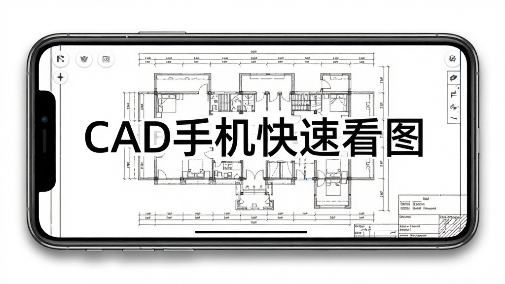 一张展示CAD手机快速看图软件在手机上横屏查看图纸的图片,主体是手机横屏显示一张宽幅的CAD总平面图,布局上手机横向放置在画面中央,屏幕内容完整展示图纸全貌,风格是实用工具场景展示风格,细节上图纸线条清晰,手机边缘有轻微阴影,画质干净无多余元素,图片中打文字“CAD手机快速看图”。