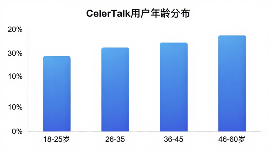 ��״ͼչʾCelerTalk�û�����ֲ�������Ϊ�����18-25�ꡢ26-35�ꡢ36-45�ꡢ46-60�꣬����Ϊ�û�ռ�Ȱٷֱȣ�������ɫΪ��ɫ���䣬ͼ���Ϸ���ע��CelerTalk�û�����ֲ�����������ɫ��������ִ������ʸɾ��޶���Ԫ��