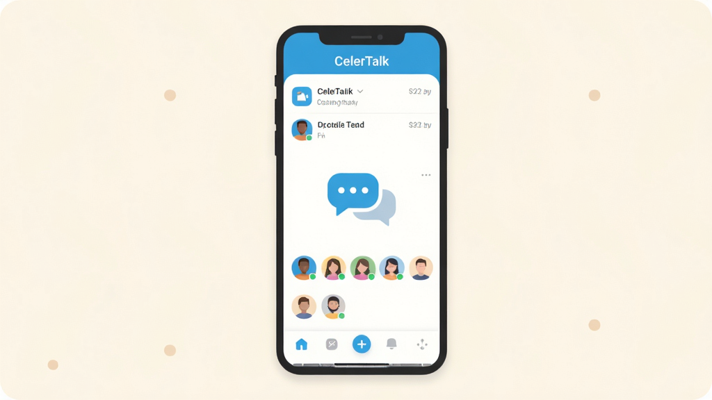 �ֻ���Ļ����չʾCelerTalkӦ�������棬ǳɫ������������ʾ�������ơ�CelerTalk������Ϣ�б����м�����������ͼ�����ϵ��ͷ�����У��ײ�Ϊ�����������岼�ּ����������ƽ����Ʒ��ϸ��Բ�󣬻��ʸɾ��޶���Ԫ��