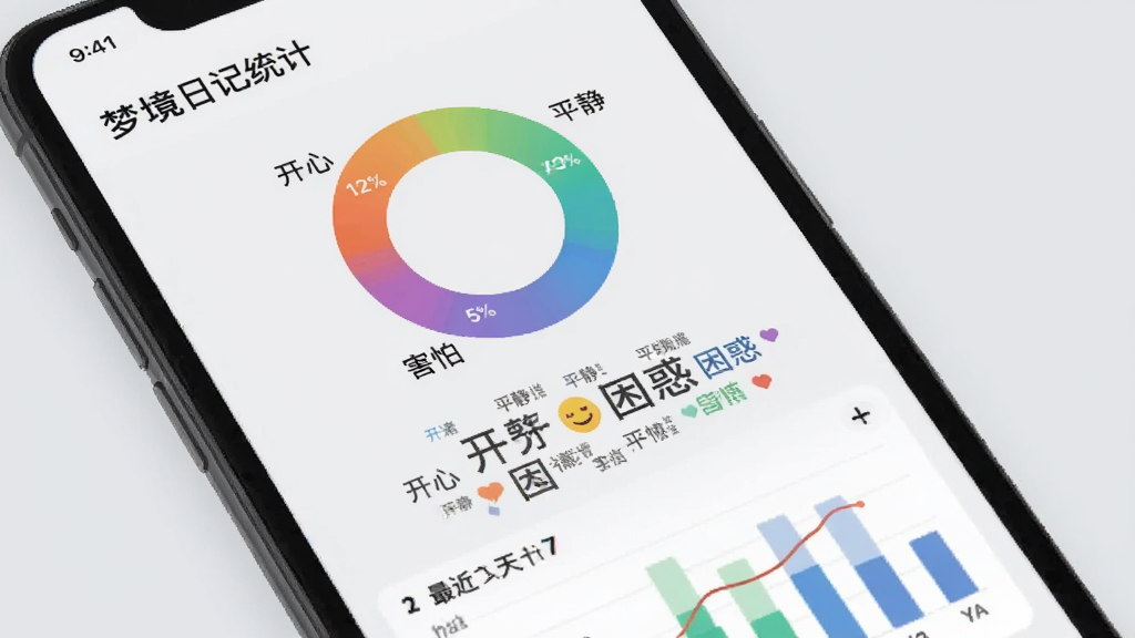 手机屏幕展示“梦境日记”应用的统计页面,页面中央是一个彩色环形图,标注“开心”“平静”“困惑”“害怕”等情绪占比,环形图下方是标签云和最近七天的记录条数柱状图,背景为浅灰色,布局清晰,风格现代扁平,画质干净