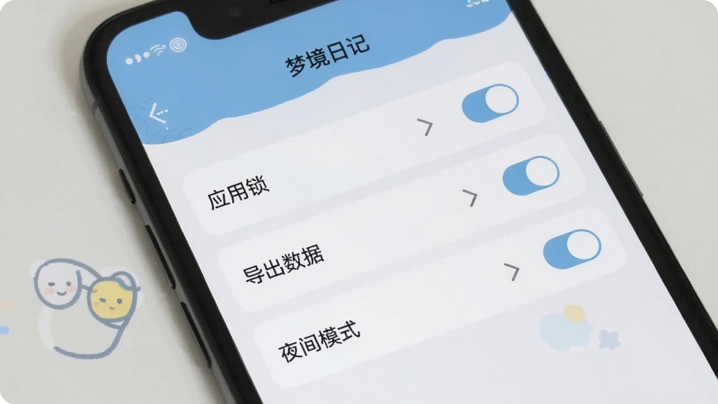 手机屏幕展示“梦境日记”应用的设置页面,页面中有“应用锁”“导出数据”“夜间模式”三个设置项,每个设置项旁边有开关按钮或箭头图标,背景为浅色,布局简洁清晰,风格扁平化,画质干净
