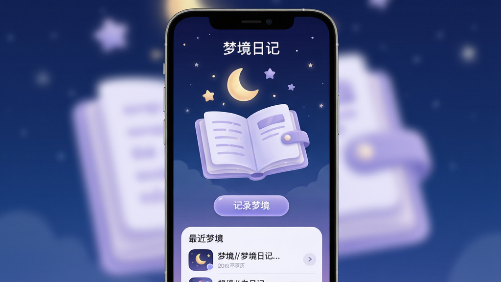 手机屏幕竖屏展示一款名为“梦境日记”的应用主界面,界面中央是一本翻开的淡紫色日记本插画,上方有月亮和星星点缀,下方是“记录梦境”按钮和最近梦境列表,背景为深蓝渐变夜空,整体布局简洁,风格柔和梦幻,细节圆润,画质干净无多余元素