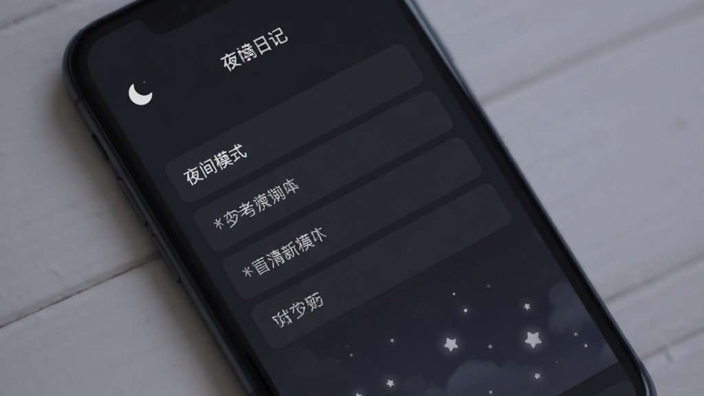 手机屏幕展示“梦境日记”应用的夜间模式界面,深灰近黑背景上显示白色文字记录条目,顶部有月亮图标和“夜间模式”字样,界面底部有微弱的星星点缀,整体氛围安静柔和,风格极简,画质干净无多余元素