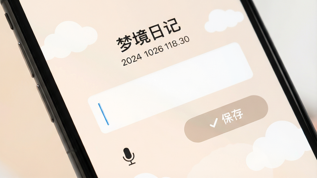手机界面特写,屏幕中央是一个简洁的文本输入框,上方显示“梦境日记”小标题和日期时间,输入框下方有麦克风图标和保存按钮,背景为浅色柔和色调,周围有淡淡的云朵装饰,风格清新简约,画质干净