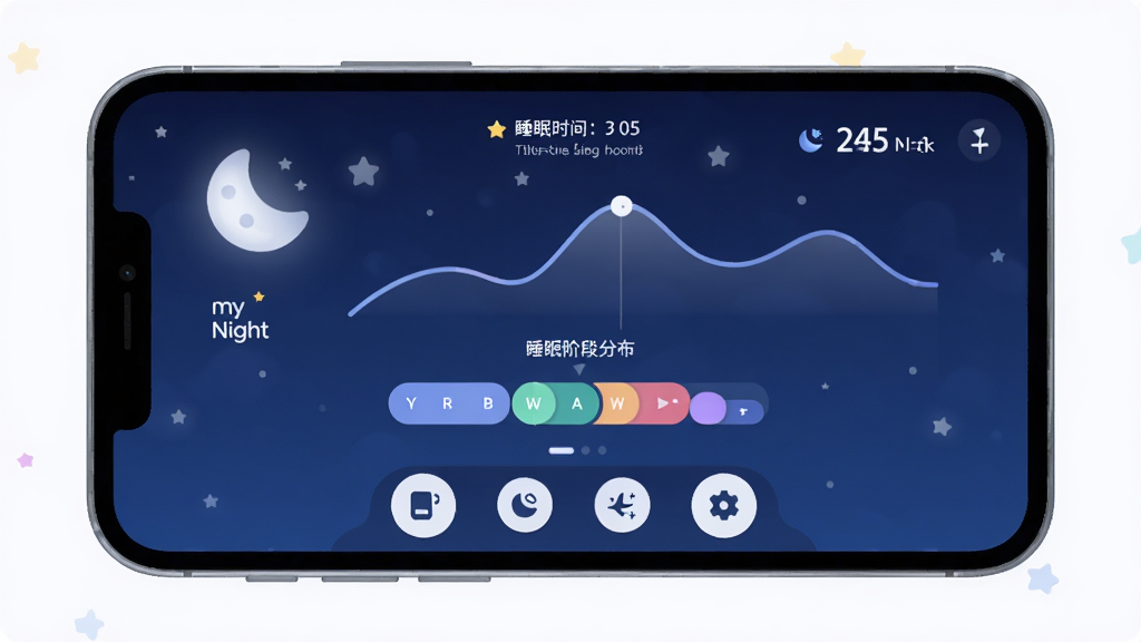 һ�������ֻ���Ļ���棬��Ļ������ʾ��myNight��Ӧ�õ������棬����ɫҹ�ձ���������������͵�����ͼ���˯������ͼ�����沼��������������ʾ˯��ʱ�����в���˯�߽׶ηֲ�ͼ���ײ����ĸ�����ͼ�꣬����ִ���ƽ����ϸ��Բ�󣬻��ʸɾ��������޶���Ԫ��