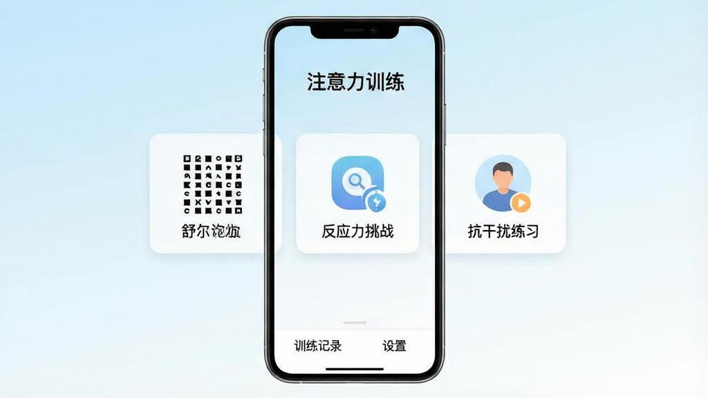 һ��չʾע����ѵ��App���Ľ�����ֻ���Ļͼ�����������Ǽ���ѵ��ѡ��ҳ�棬������ʾ��ע����ѵ�����������м�����������ط��񡢷�Ӧ����ս����������ϰ�������ܿ�Ƭͼ�꣬�ײ�Ϊѵ����¼����������ѡ�����Ϊ��������ɫ�Ľ��䣬���������±�ƽ��ϸ�ڸɾ��޶���װ�Σ������������