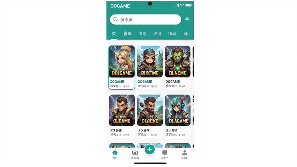 һ��չʾOOGAME��Ϸ�����������������������ֻ���ͼ������������������ҳ��Ϸ�Ƽ��б����������������ͷ����ǩ���ײ��ǵ�������������ñ�ƽ����Ʒ����ɫ������ɫ�Ͱ�ɫΪ��������ɾ����࣬�����������޶���Ԫ��