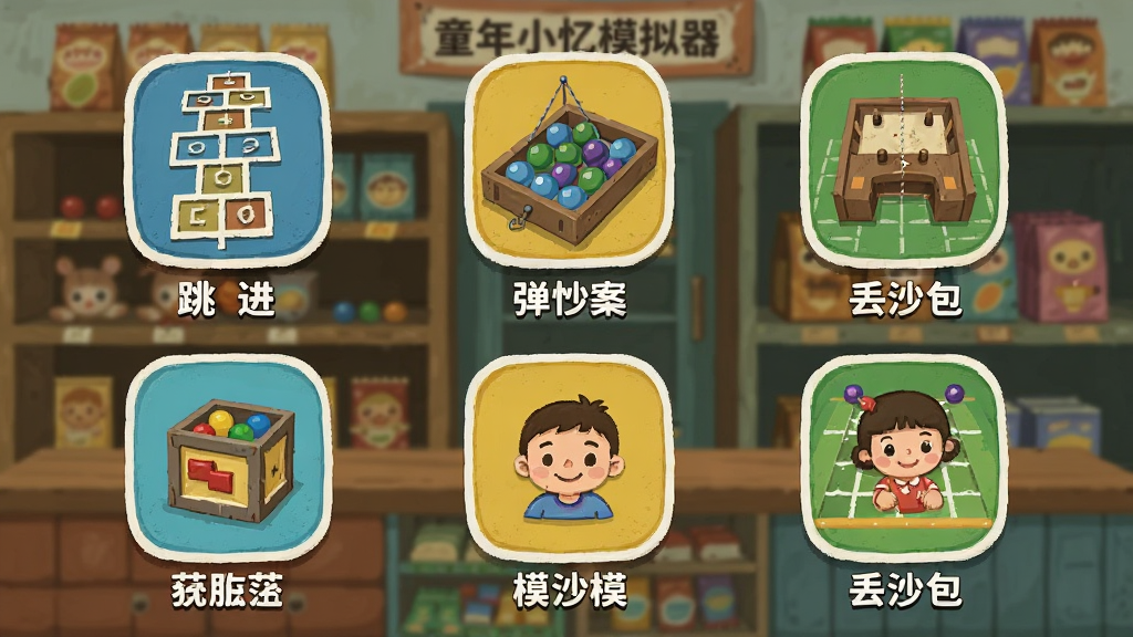 ͯ�����ģ������Ϸѡ����棬�����������������ӡ�����̨����ɳ���ȸ�����Ϸͼ�꣬ÿ��ͼ���·��м������˵���������ǻ��ɷ���С�������ܣ����Ϊ��ͨ��ƽ�廭��ϸ�ڷḻ�����ʸɾ����޶���Ԫ��