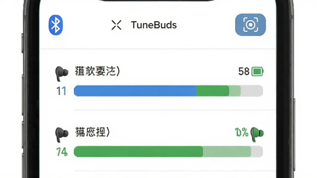 һ��TuneBuds��������ʾ��ͼ���ֻ���Ļ��ʾ��TuneBuds���豸�б�ҳ�棬����������ͼ���ɨ�谴ť���·��г�������������������ٷֱ��������Ҷ������ֱ�����ɫ����ɫ��ʶ�������Ű����룬����Լ��ˬ�����ʸɾ��޶���Ԫ��