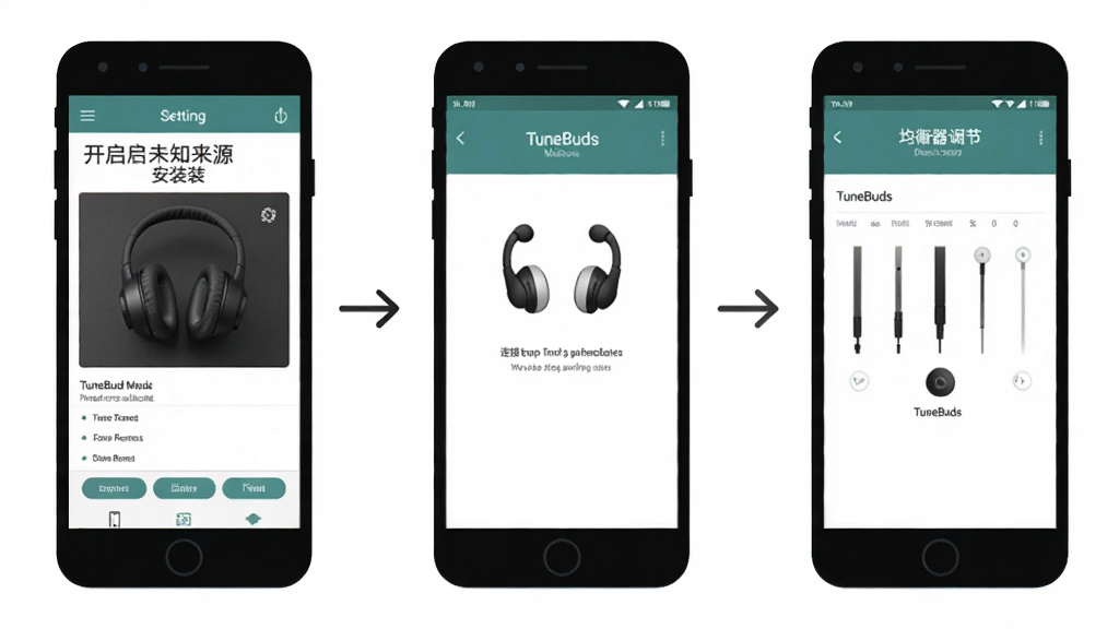 һ��TuneBuds��װʹ������ʾ��ͼ���������������չʾ�ֻ������п���δ֪��Դ��װ��TuneBuds���������Ӷ���������������ҳ���������裬ÿ�������ü����ֻ������ͼ�����֣��м��ü�ͷ���ӣ������Ű�������У�����ƽ���������ʸɾ����޶���װ��Ԫ��