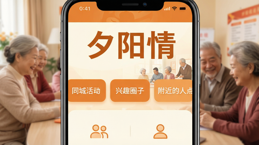 一张展示中老年社交应用“夕阳情”主界面的手机屏幕截图,画面中央是应用首页,顶部有“夕阳情”三个大字,下方是“同城活动”“兴趣圈子”“附近的人”三个大按钮,界面采用暖橙色和米白色搭配,字体大而清晰,背景是温馨的社区活动照片,整体风格亲切友好,画质干净,无多余装饰元素